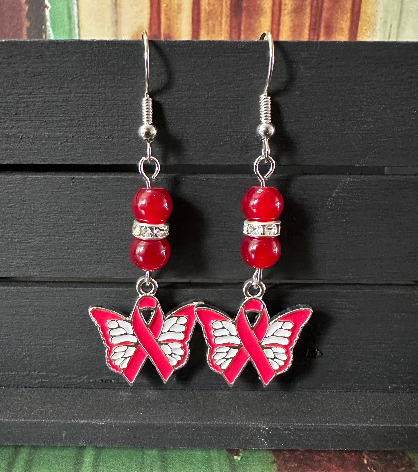 Red Ribbon Awareness Butterfly charm Earrings