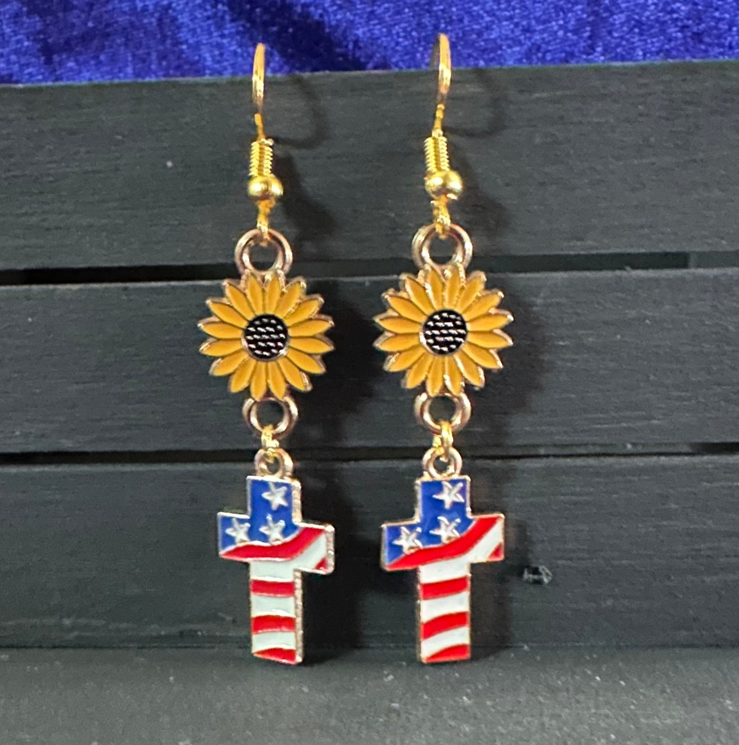 Sunflower and American Flag Cross Dangle Earrings