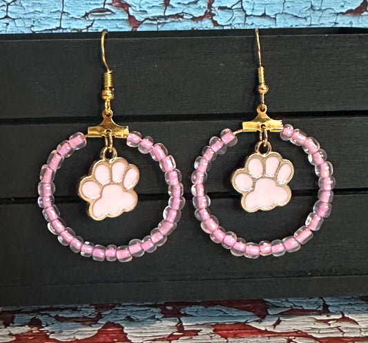Pink Paw Print Beaded Hoop Earrings
