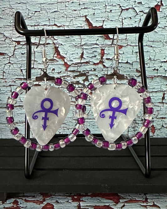 Prince Guitar Pick Beaded Hoop Earrings