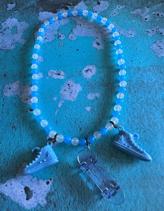 Kids Blue Beaded skateboard & sneakers necklace