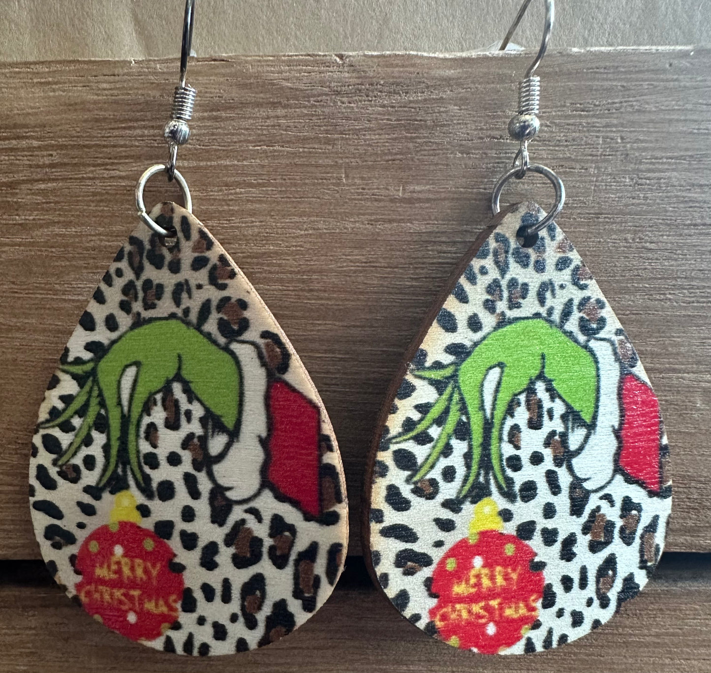 Grinch Merry Christmas leopard earrings