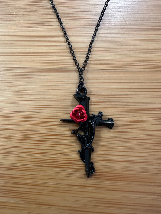 Black cross w/rose necklace