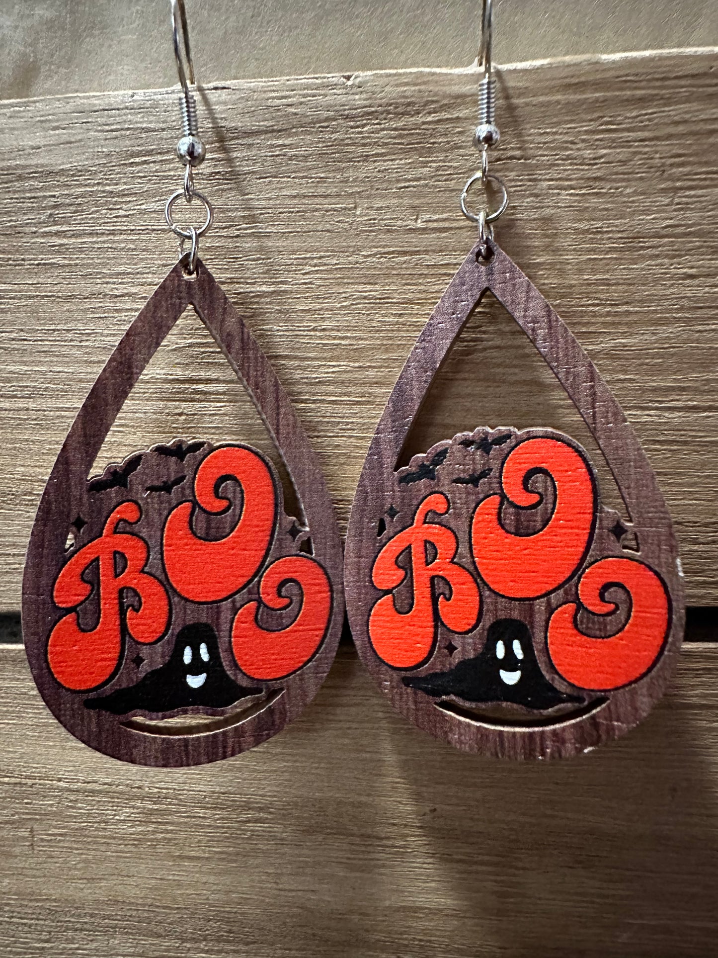 Spooky Boo Ghost Wood teardrop earrings