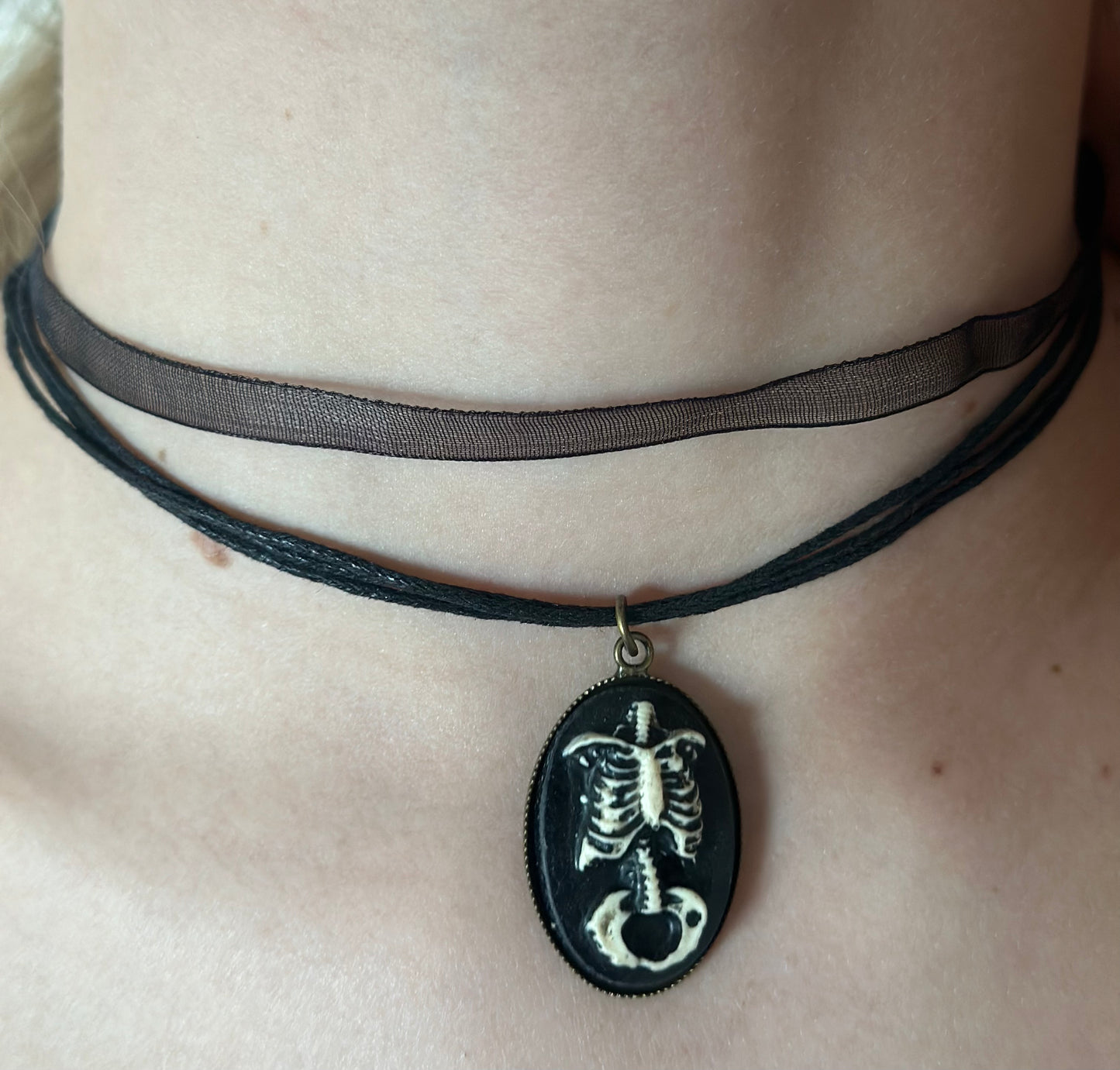 Skeleton Cameo Ribbon choker Necklace