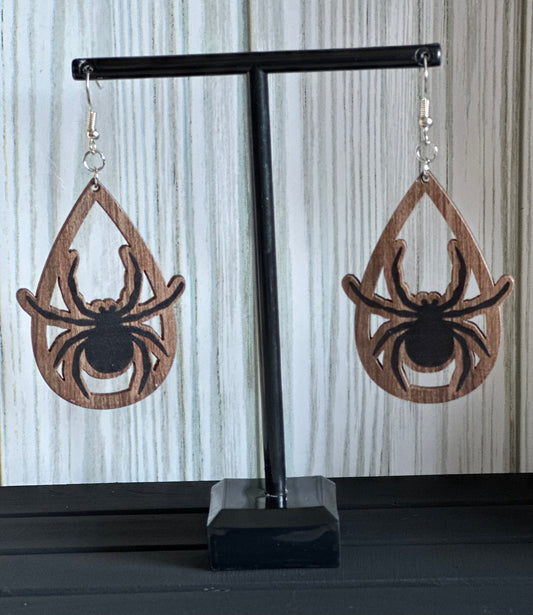 Spooky Spider Wood teardrop Earrings