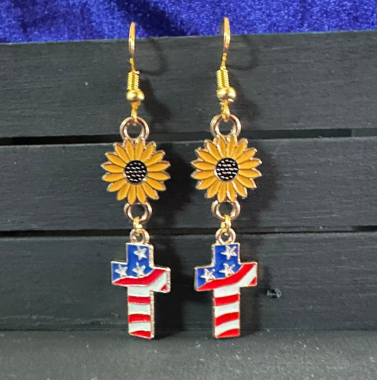 Sunflower and American Flag Cross Dangle Earrings