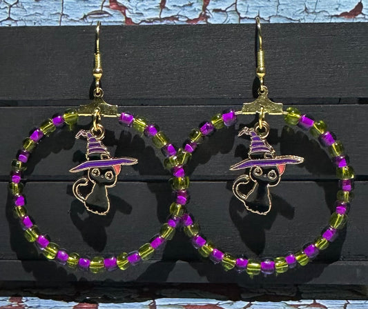 Witchy Cat Beaded Hoop Earrings