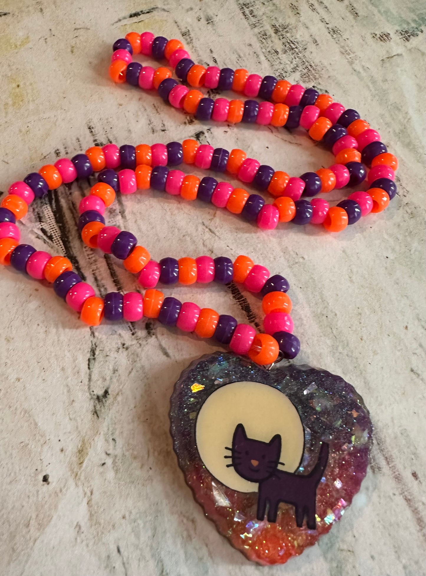 Beaded Necklace w/Cat Resin Pendant