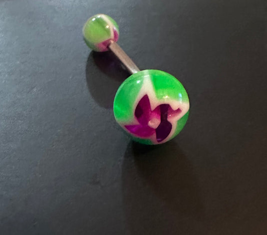 Curved Barbell green w/purple flower