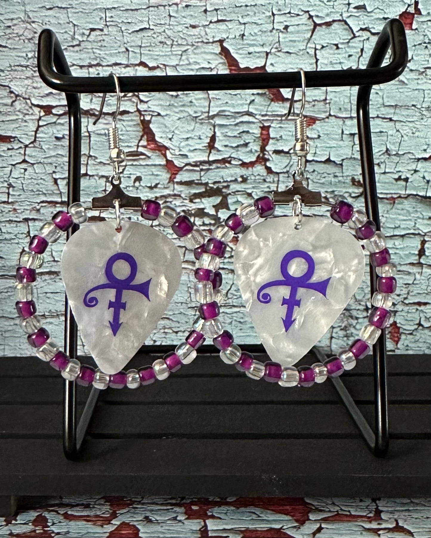 Prince Guitar Pick Beaded Hoop Earrings