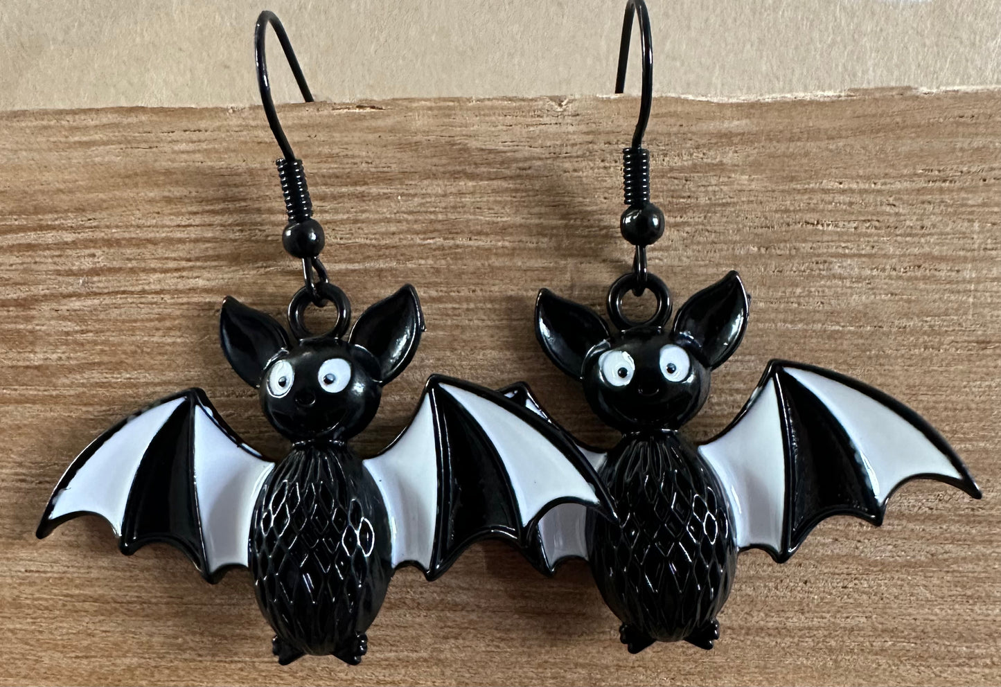 Spooky B&W Happy Bat Earrings