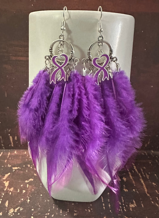 Purple Ribbon Awareness Feather Earrings