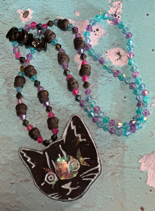 Black Kitty Beaded Necklace w/Resin Pendant