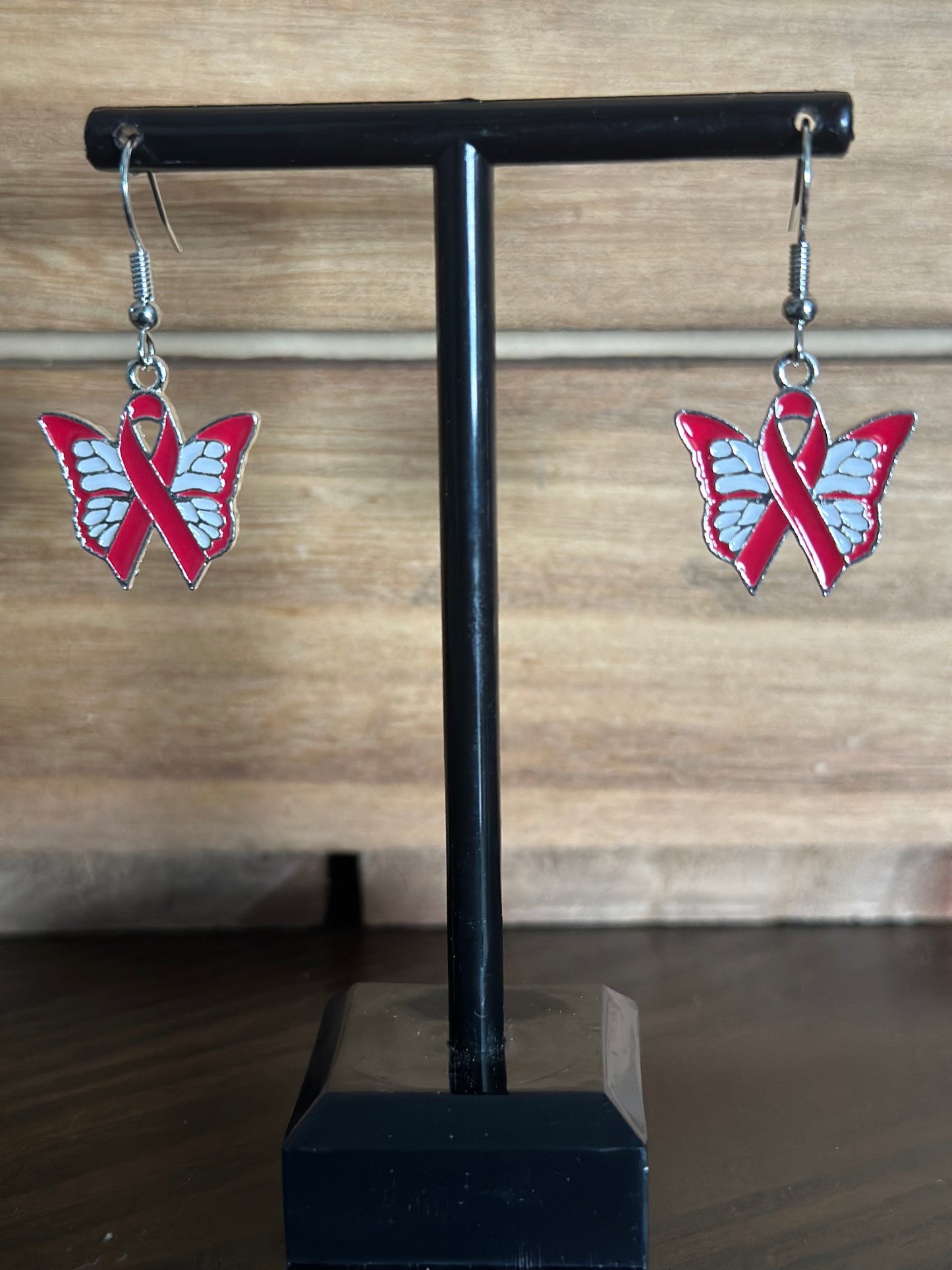 Red Ribbon Awareness Butterfly charm Earrings