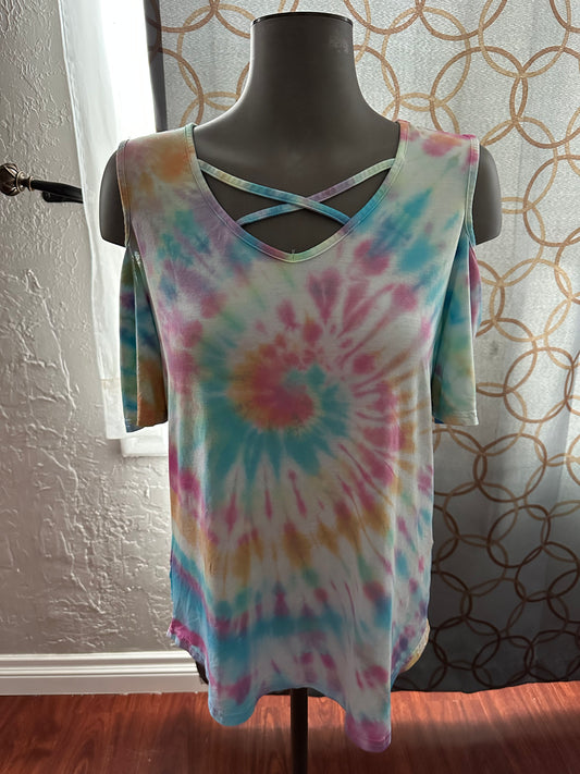 Serene wishing Rainbow cold shoulder tie-dye tee