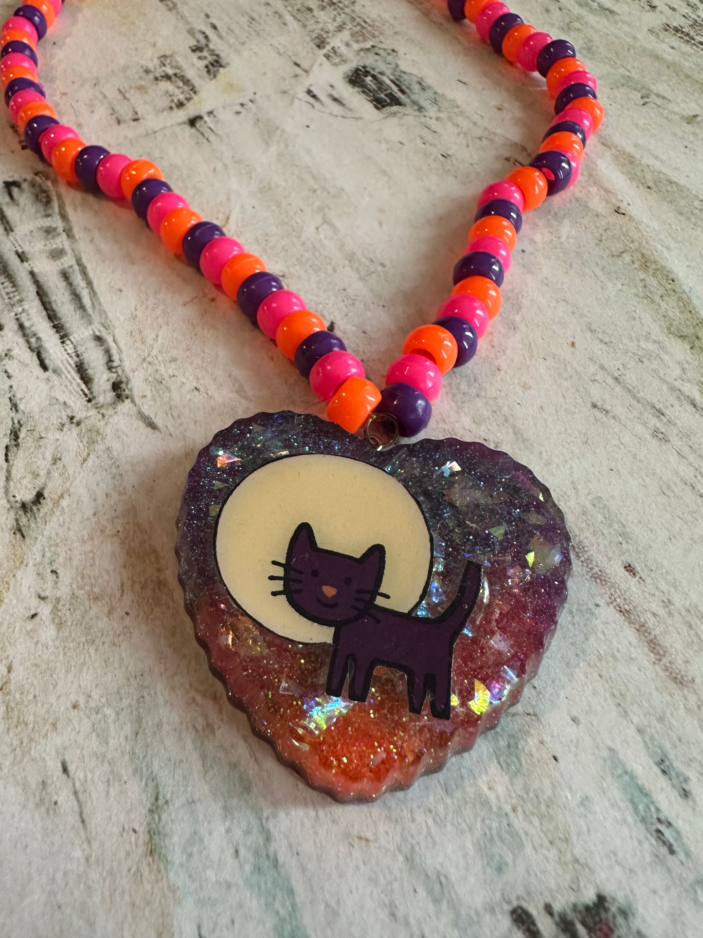 Beaded Necklace w/Cat Resin Pendant