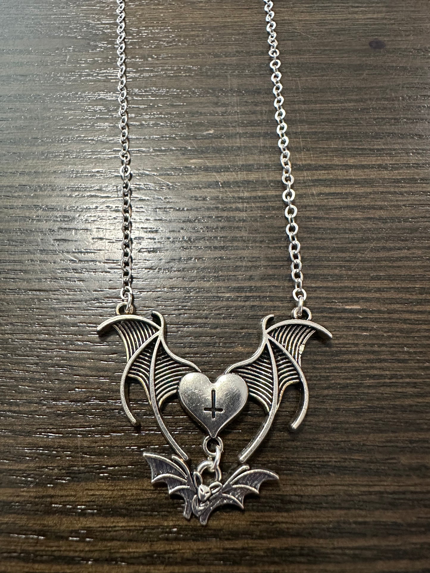 Spooky Gothic bat silver tone necklace