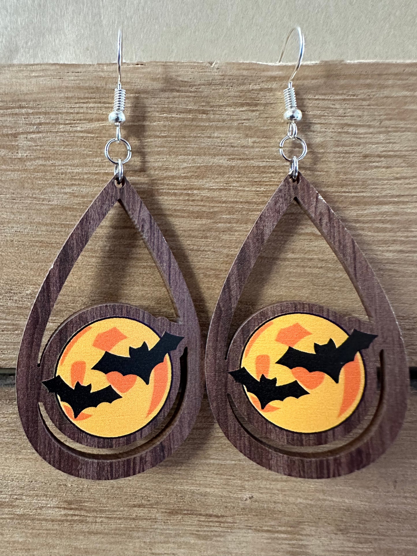 Spooky Bat wood Teardrop Earrings