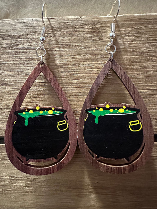 Spooky Cauldron Wood teardrop earrings