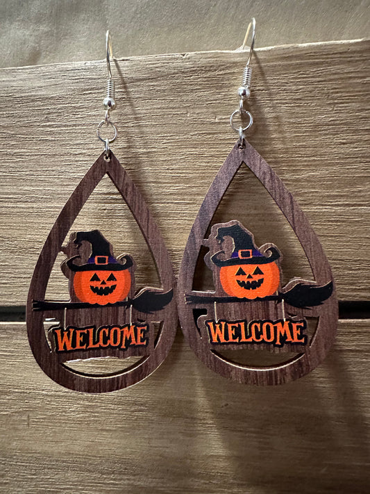 Spooky Welcome Halloween Wood teardrop earrings